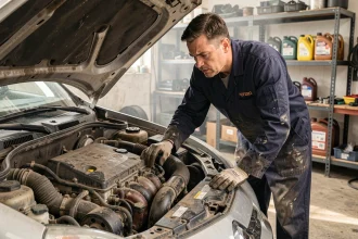 Mécanicien inspectant le moteur d'une Renault Clio 2 dans un garage, voyant moteur allumé