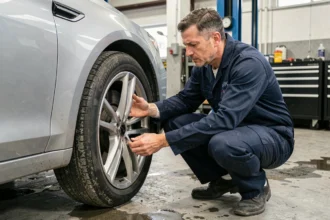 Mécanicien inspectant la roue avant d'une voiture pour diagnostiquer des vibrations au volant à basse vitesse