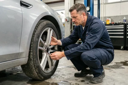 Mécanicien inspectant la roue avant d'une voiture pour diagnostiquer des vibrations au volant à basse vitesse