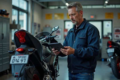 Mécanicien moto inspectant une moto en garage professionnel