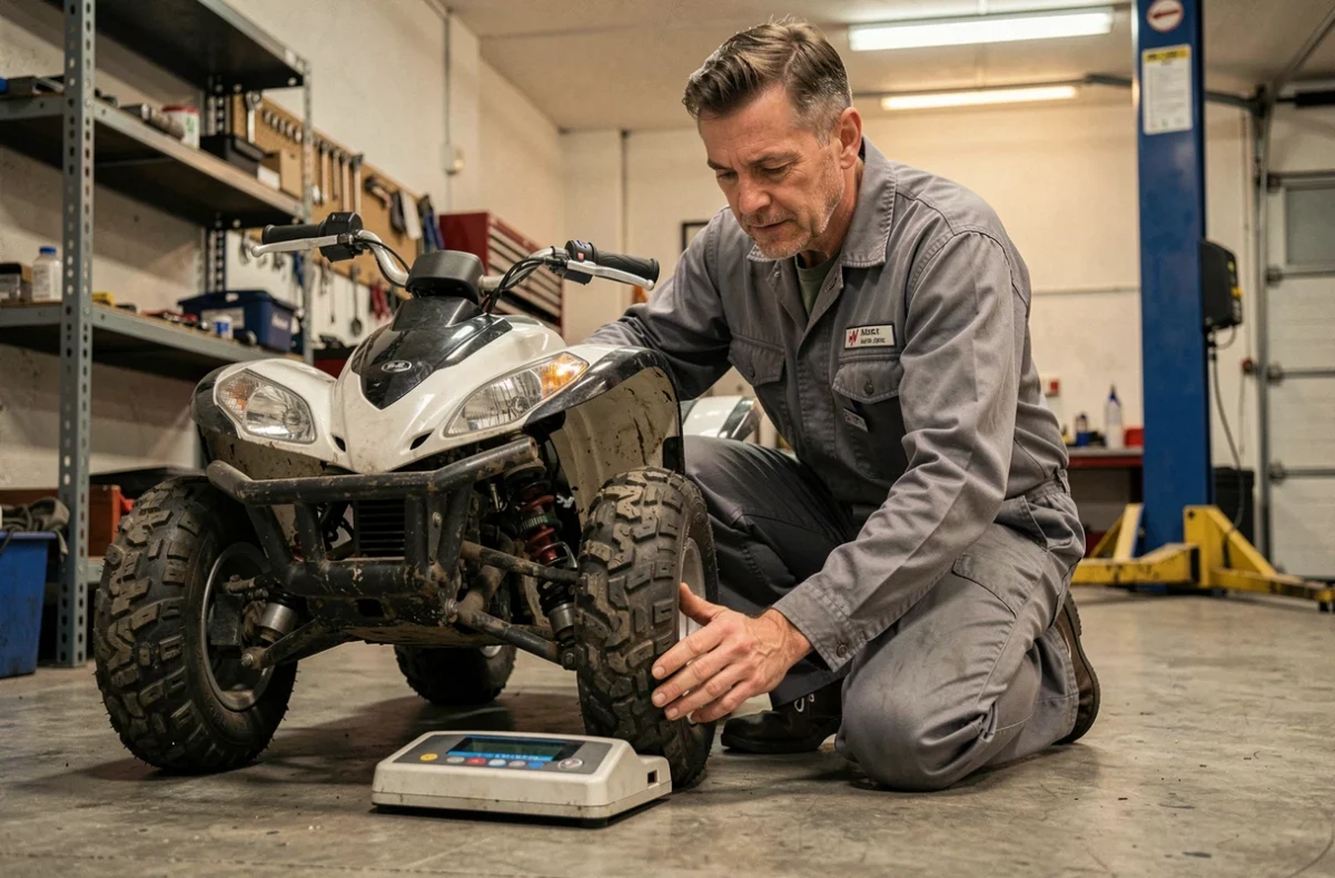 Mécanicien pesant une voiture sans permis avec une balance numérique dans un atelier de garage professionnel