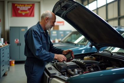 Mécanicien homme en tenue examine un moteur de voiture ancienne