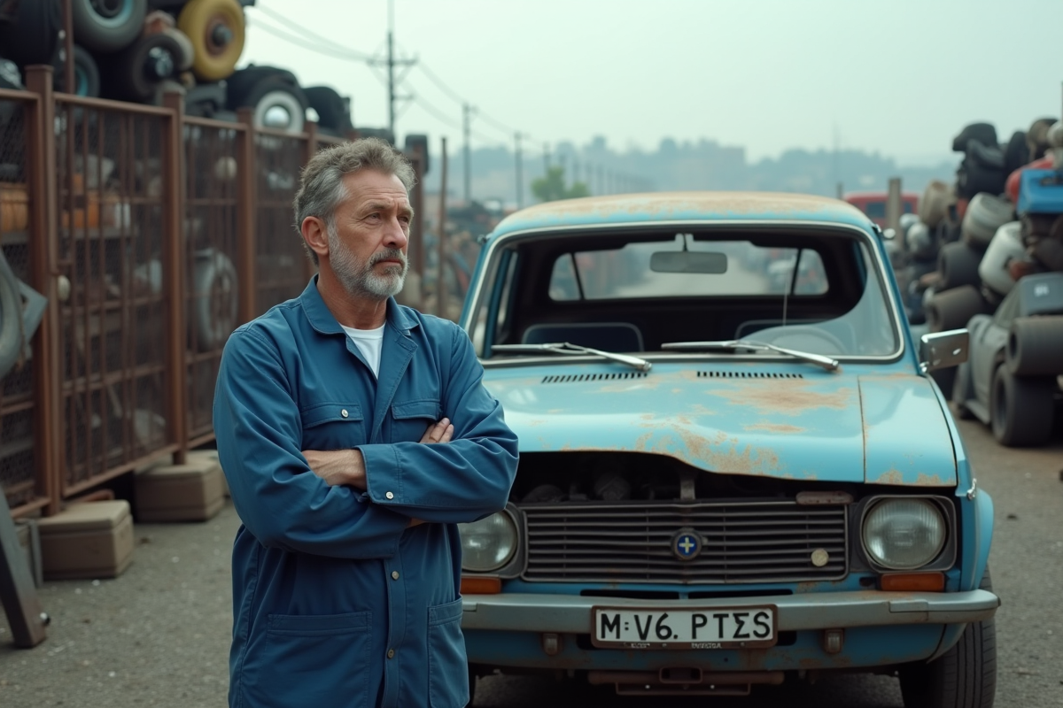 Mécanicien en bleu près d'une voiture endommagée en casse