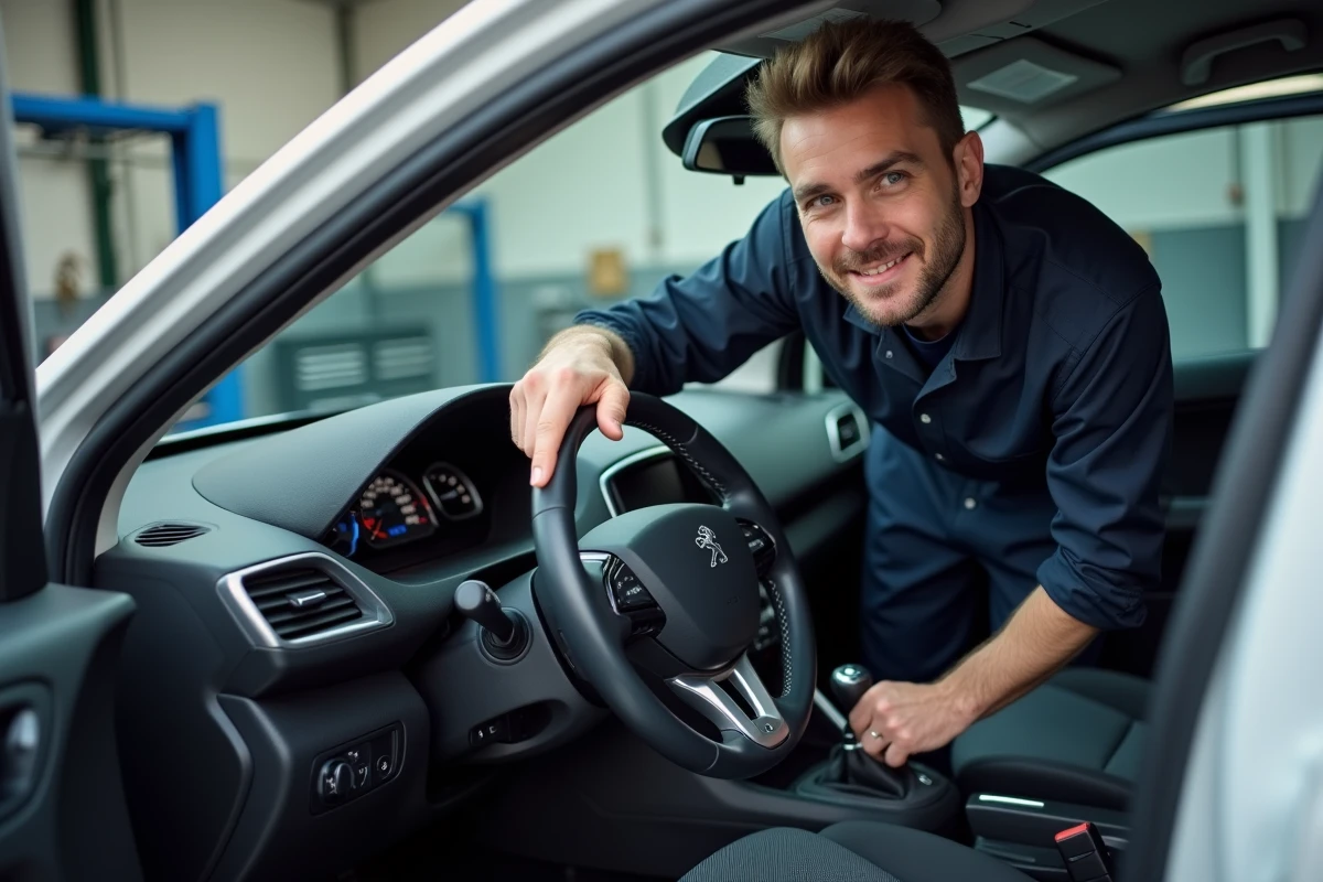 Mécanicien expliquant les voyants du tableau de bord d'une Peugeot 208 dans un garage automobile