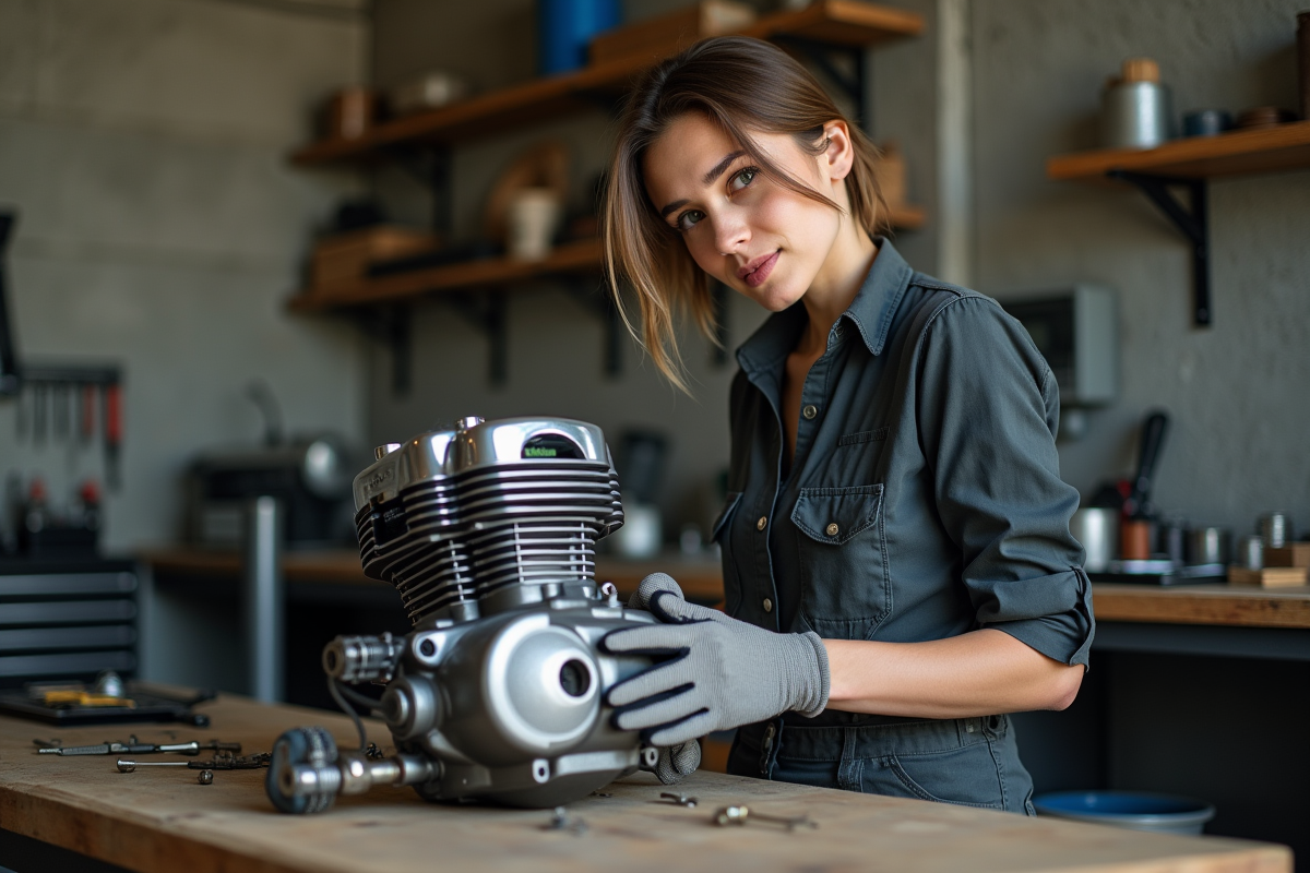 Femme mécanicien inspectant un moteur Kawasaki