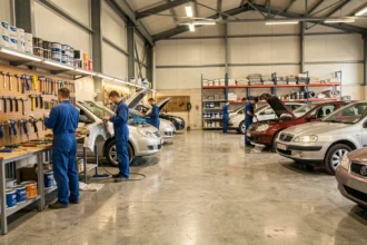 Vue d'ensemble d'un atelier de carrosserie automobile professionnel dans l'Ain avec plusieurs véhicules en cours de réparation