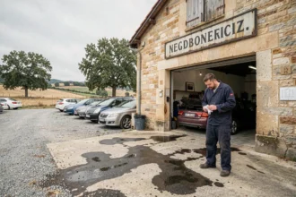 Vue d'ensemble d'un garage automobile traditionnel en Dordogne avec façade en pierre et mécanicien en tablier bleu
