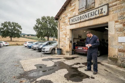 Vue d'ensemble d'un garage automobile traditionnel en Dordogne avec façade en pierre et mécanicien en tablier bleu