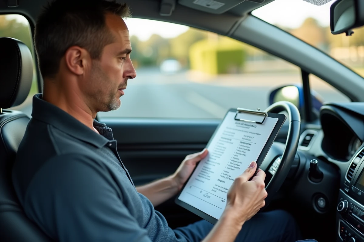 Moniteur d'auto-école comparant un PDF imprimé du permis de conduire avec une application numérique sur tablette dans une voiture