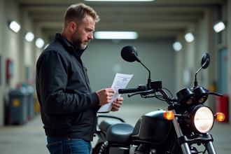 Motard homme vérifiant un document devant sa moto dans un garage