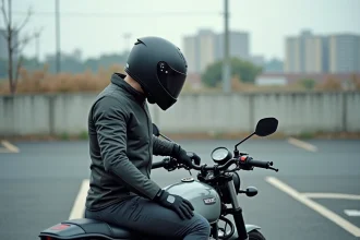 Jeune motard débutant en équipement complet examinant une moto 300cc dans un parking urbain
