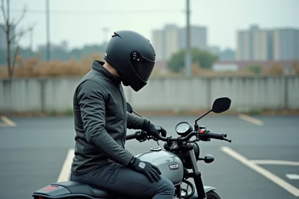 Jeune motard débutant en équipement complet examinant une moto 300cc dans un parking urbain