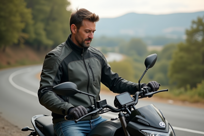 Homme en veste moto moderne sur une route de campagne