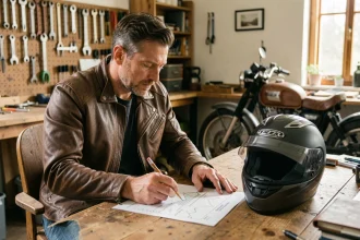 Motard consultant un tableau de conversion CC en CV pour calculer la puissance de sa moto avant achat