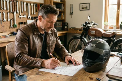 Motard consultant un tableau de conversion CC en CV pour calculer la puissance de sa moto avant achat