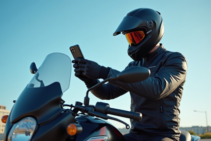 Motard en équipement sécurisé fixant un smartphone sur moto urbaine
