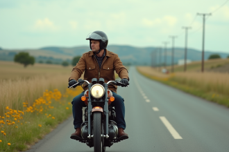 Motard homme en textile vintage sur moto avec sidecar