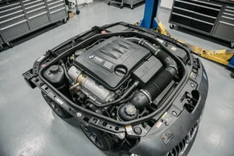 Vue détaillée du moteur diesel BMW B47 dans un atelier mécanique moderne, montrant le turbocompresseur et les durites d'intercooler