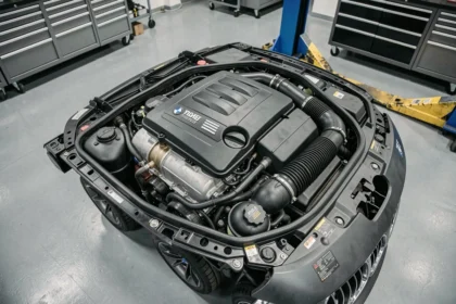 Vue détaillée du moteur diesel BMW B47 dans un atelier mécanique moderne, montrant le turbocompresseur et les durites d'intercooler