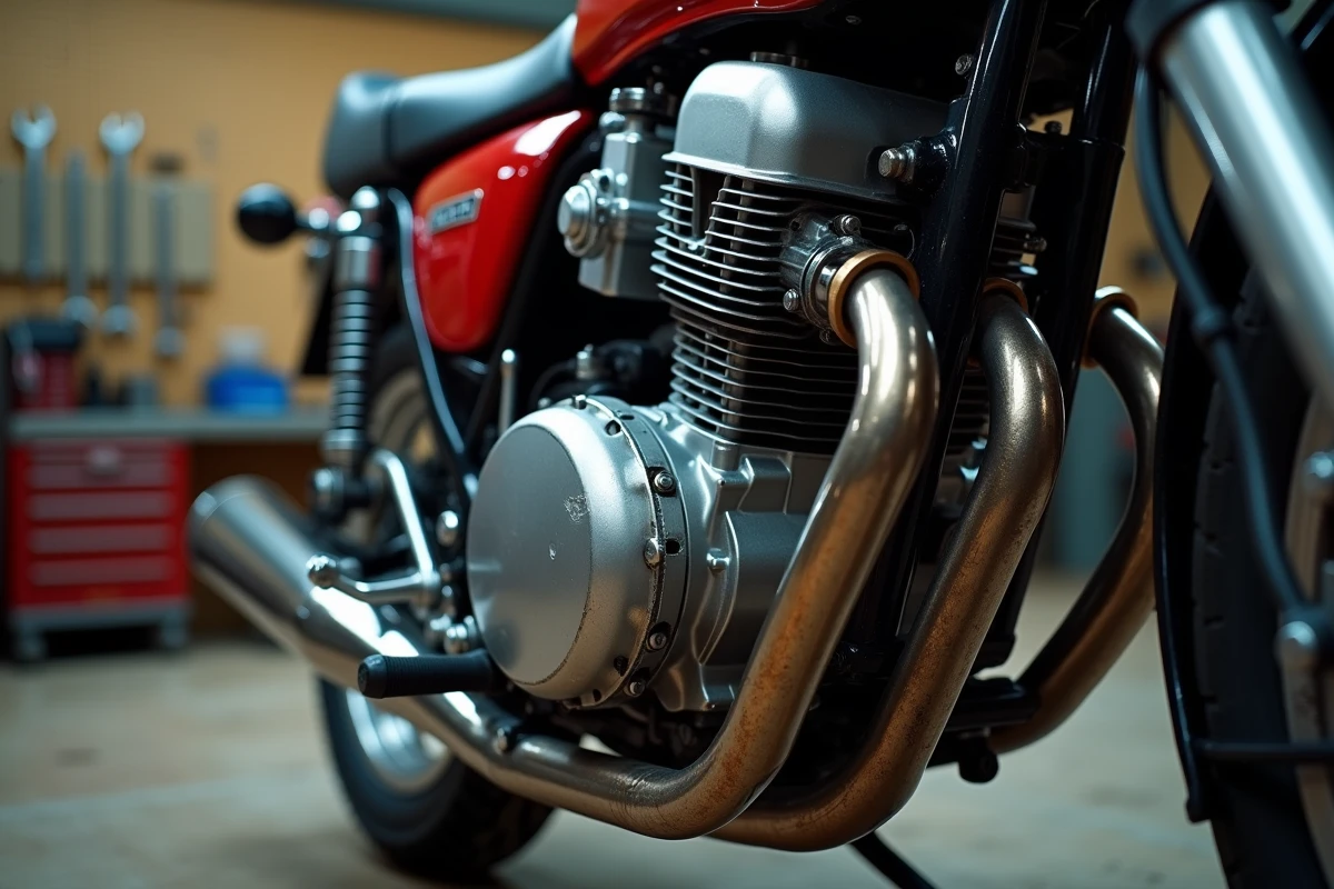 Gros plan sur le moteur d'une Honda XLV750R d'occasion montrant des traces d'usure, fuites d'huile et corrosion sur les boulons