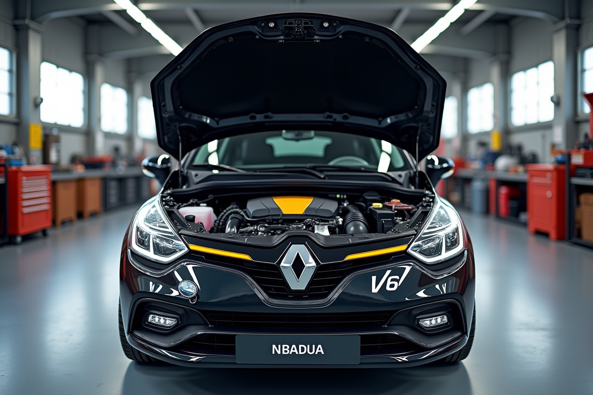 Moteur V6 de Renault Clio 2 dans un garage moderne