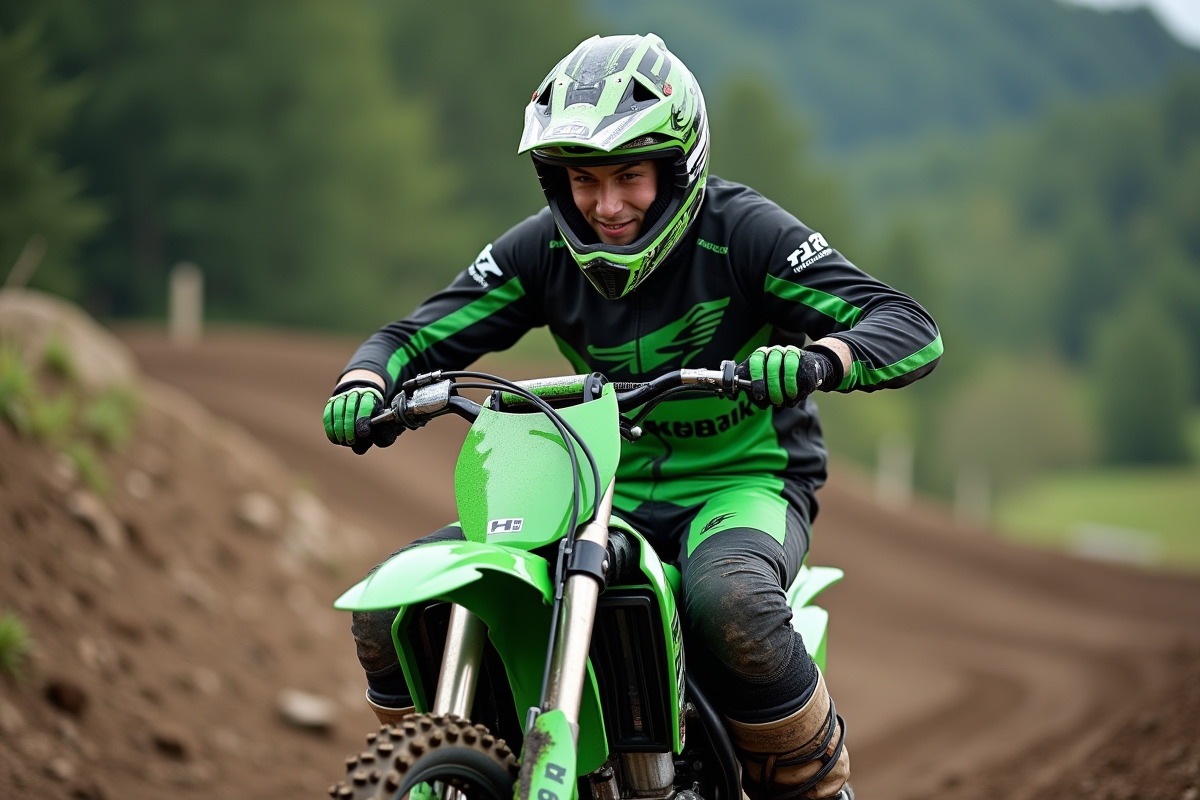 Jeune pilote motocross ajustant sa chaîne Kawasaki