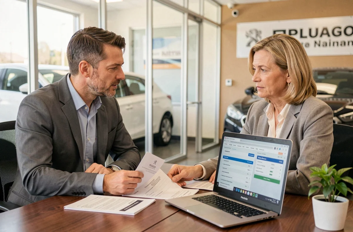 Négociation du prix d'une Peugeot d'occasion entre un acheteur et un vendeur en concession automobile