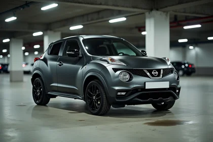 Nissan Juke gris mat garé dans un parking urbain, vue en angle 3/4 avant mettant en valeur la carrosserie et les roues