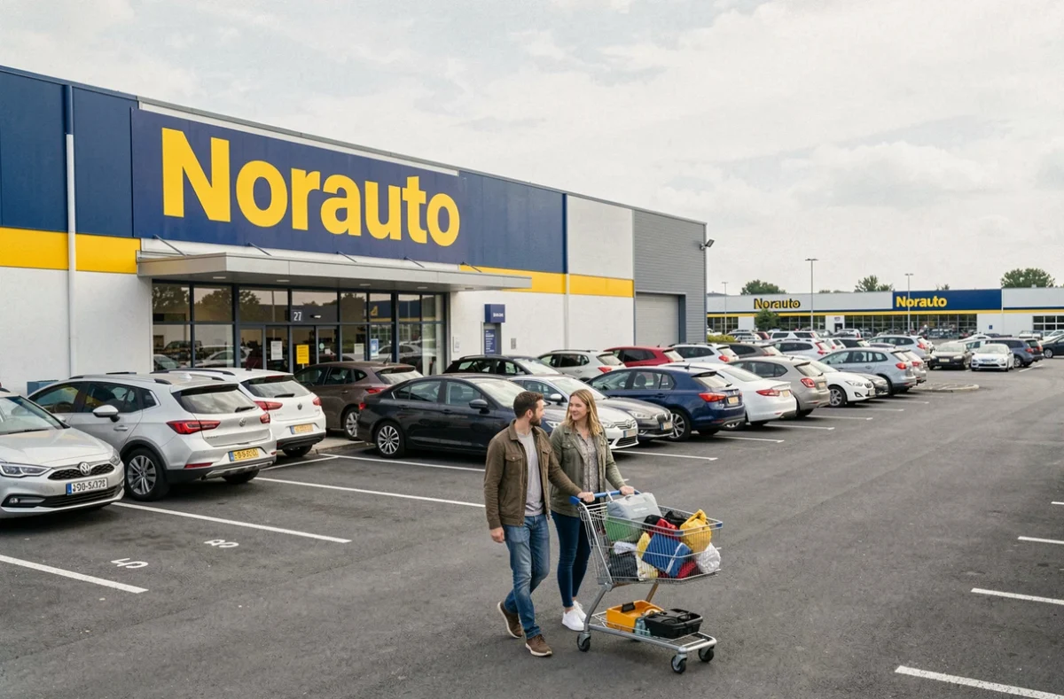 Façade du Norauto de Marsac-sur-l'Isle avec un couple se dirigeant vers l'entrée du magasin dans un grand parc commercial près de Périgueux