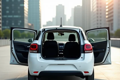 Nouvelle Citroën C3 vue de trois quarts arrière avec portes ouvertes révélant l'espace intérieur de l'habitacle