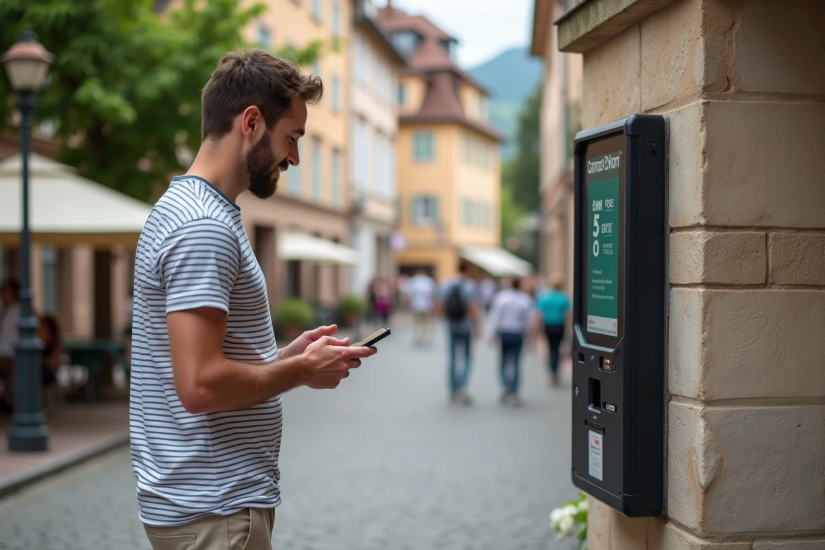 Homme utilisant un terminal de paiement par smartphone pour le stationnement dans le centre-ville de Colmar