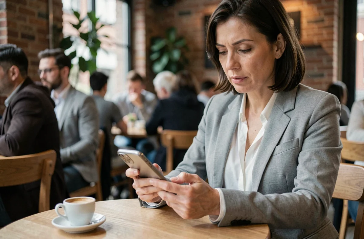 Femme sécurisant un paiement en ligne sur smartphone pour l'achat d'une voiture sur un site allemand dans un café
