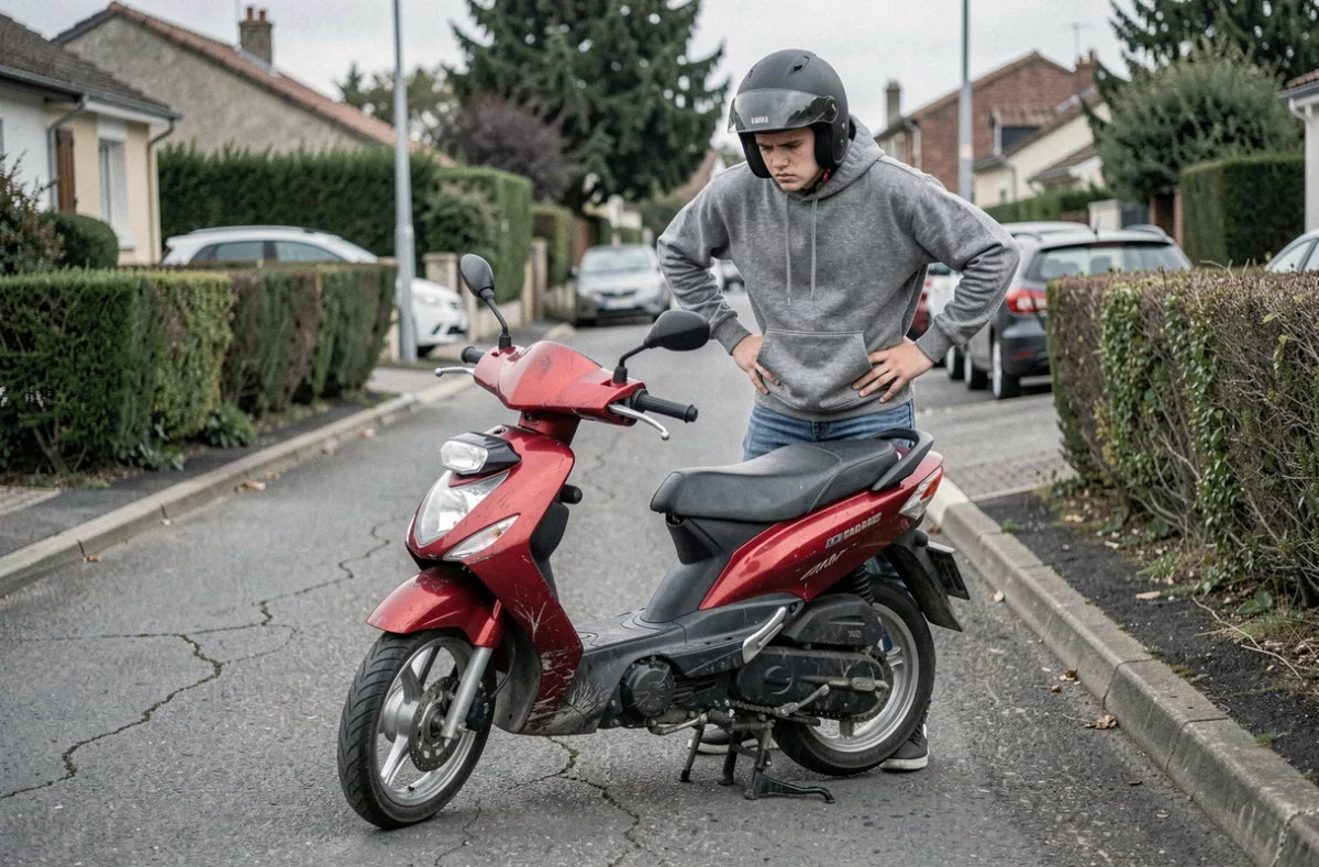 Adolescent en panne avec sa Yamaha TZR 50cc au bord de la route, problèmes fréquents des nouveaux conducteurs de 50cc