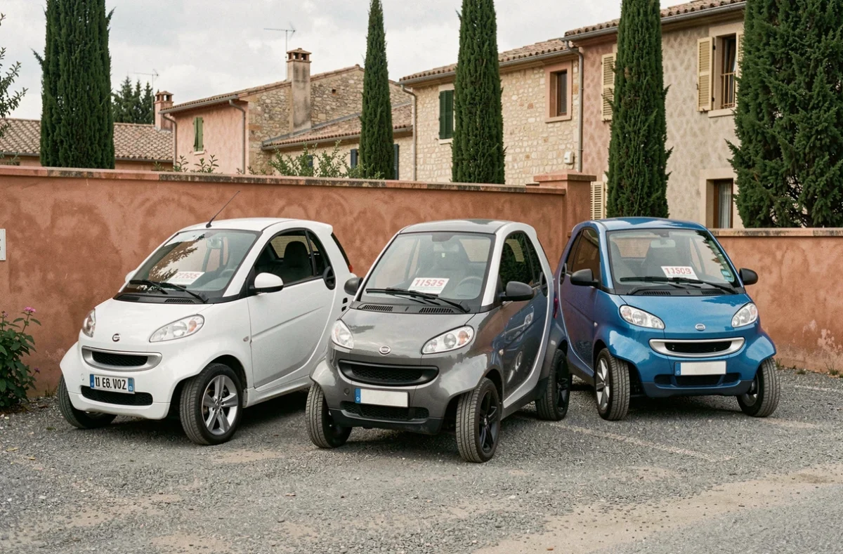 Rangée de voitures sans permis d'occasion exposées dans un parc automobile à Aubagne
