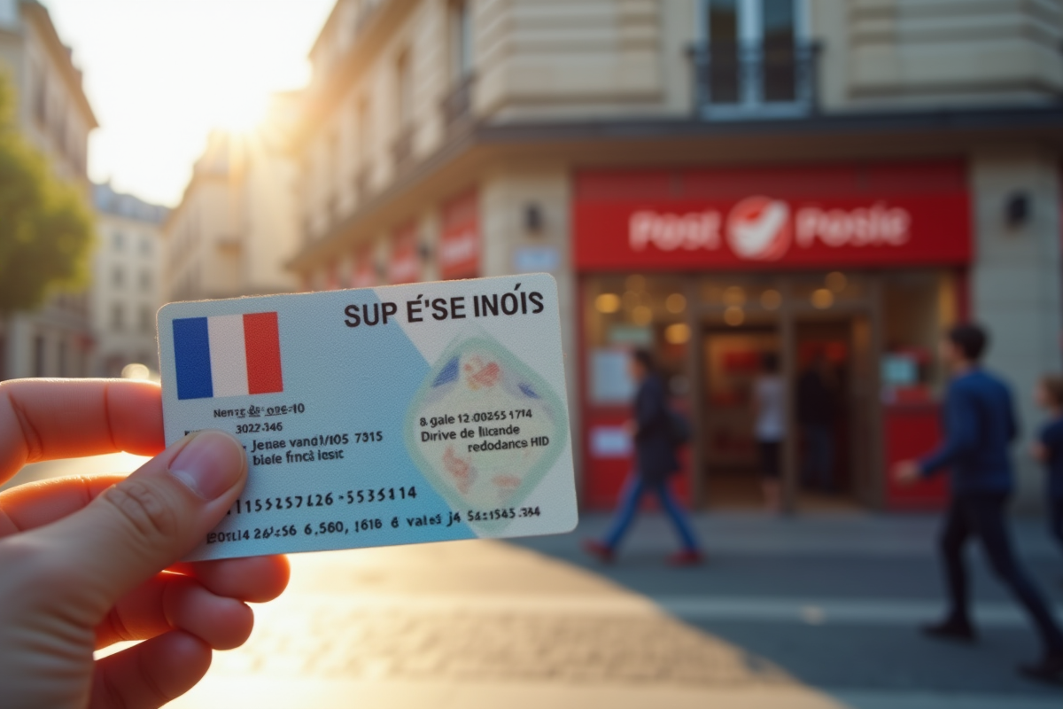 Permis de conduire français devant la poste ensoleillée