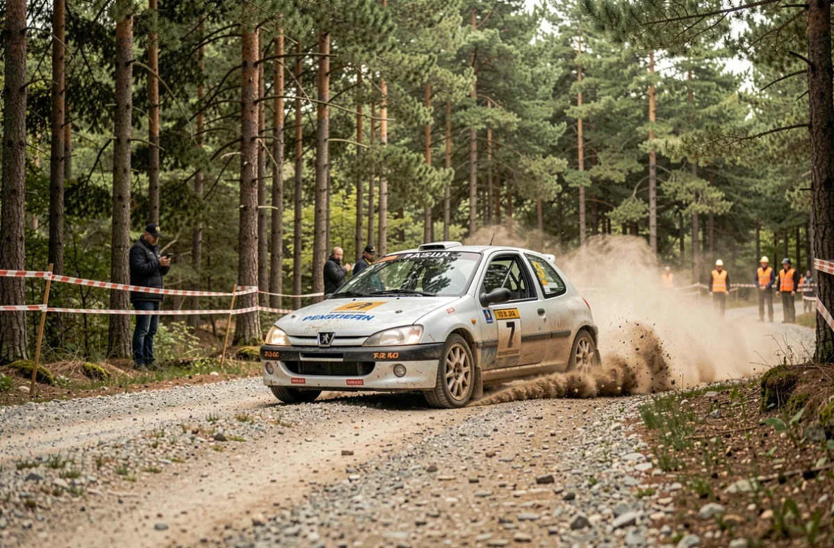 Peugeot 106 Maxi en action sur une spéciale gravier lors d'un rallye régional en forêt