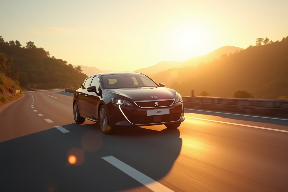 Peugeot 508 PSE sur une route ensoleillee lors d'or