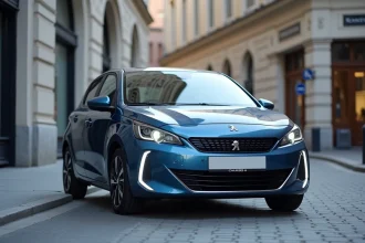 Peugeot e-208 électrique bleue garée dans une rue urbaine européenne, vue de profil 3/4 avant