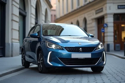 Peugeot e-208 électrique bleue garée dans une rue urbaine européenne, vue de profil 3/4 avant