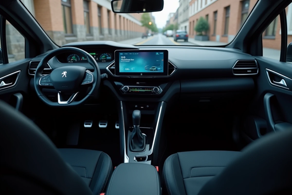 Intérieur de la Peugeot e-208 avec tableau de bord i-Cockpit numérique et écran de recharge