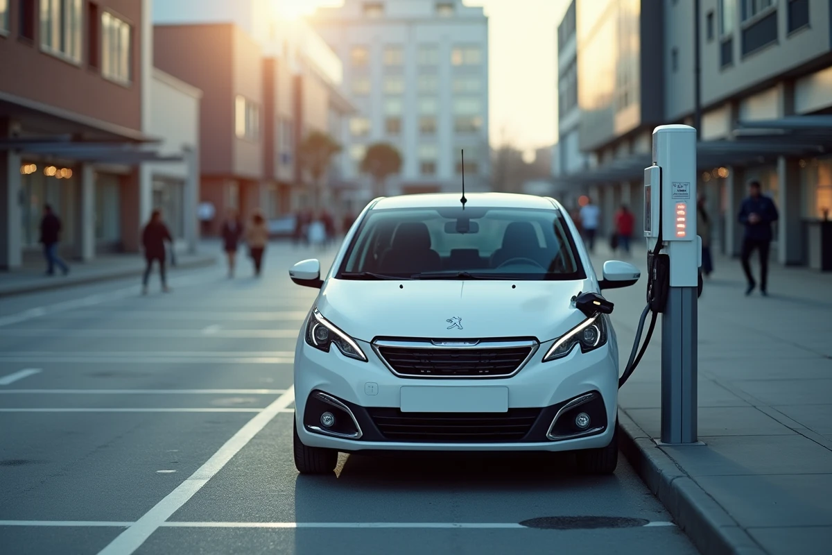 Peugeot e-208 blanche en charge sur une borne de recharge publique dans un parking urbain moderne