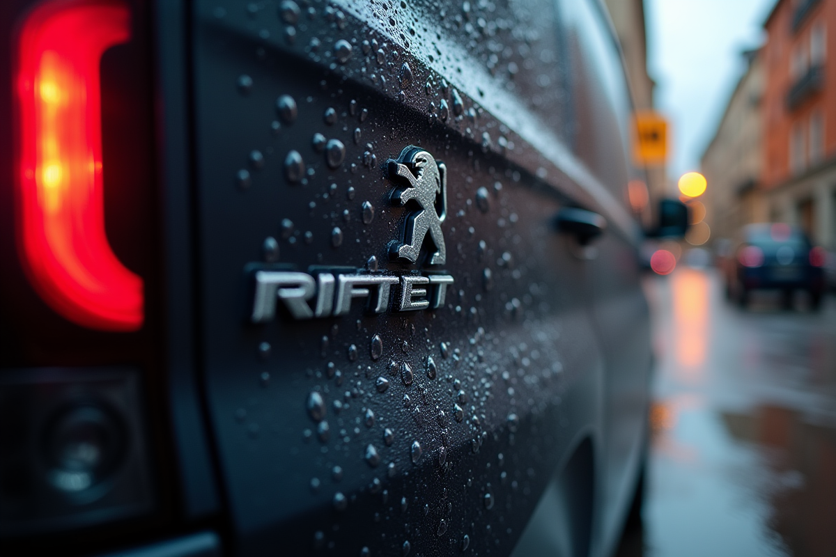 Détail du badge et feu arrière du Peugeot Rifter en lavage
