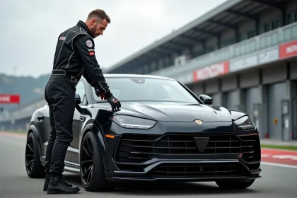 Homme en combinaison de course vérifiant la pression des pneus d'une Cayenne S Magnum sur le paddock