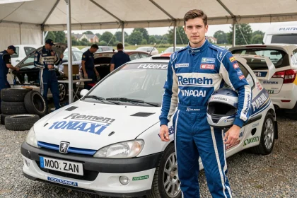 Pilote débutant en rallye régional debout à côté d'une Peugeot 106 Maxi dans un parc d'assistance