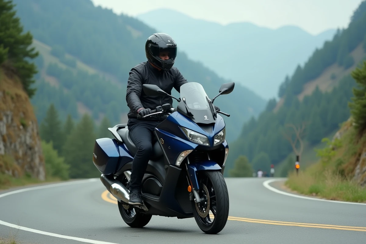 Pilote sur TMAX 750 en conduite sur route de montagne sinueuse