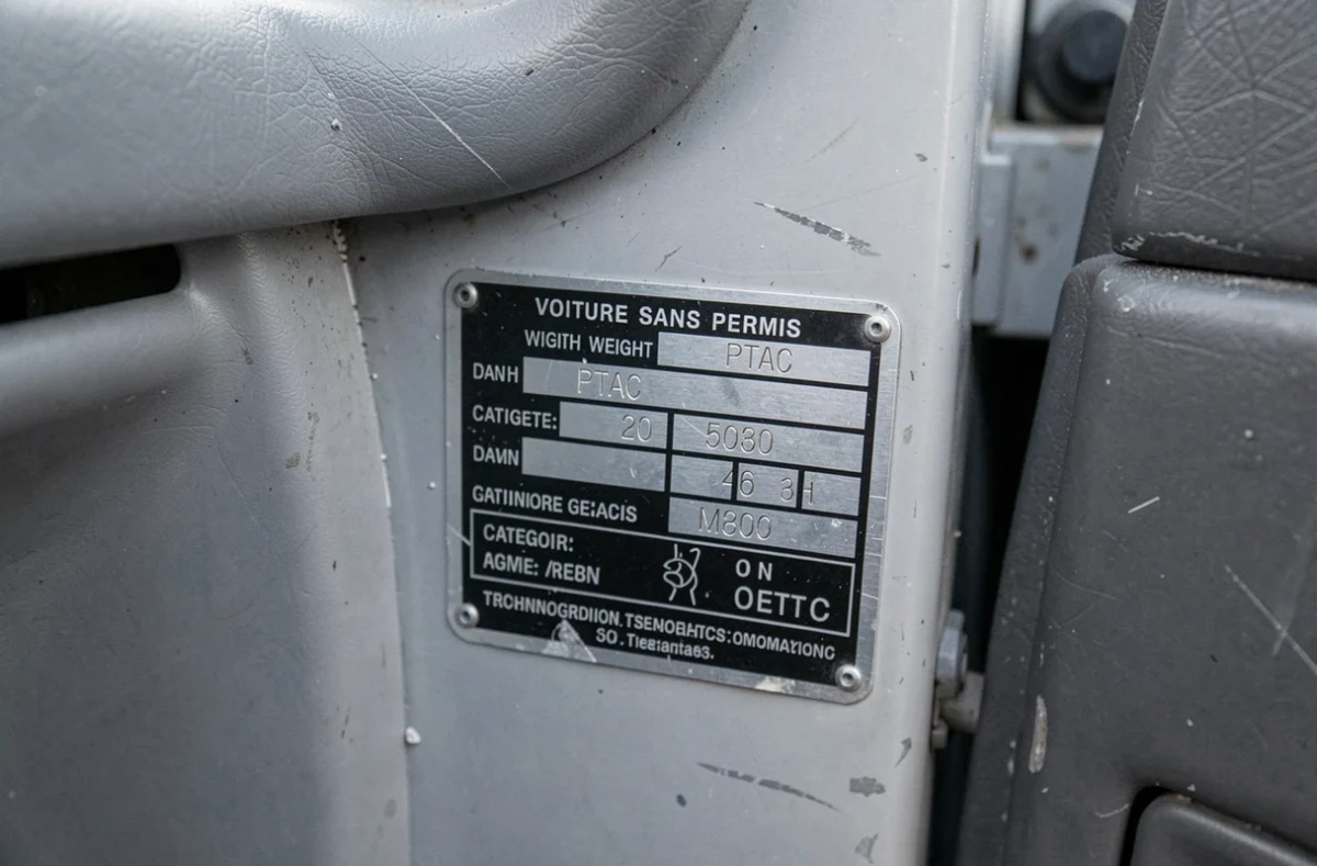 Plaque d'identification technique d'une voiture sans permis indiquant le poids total autorisé en charge (PTAC) sur le montant de porte
