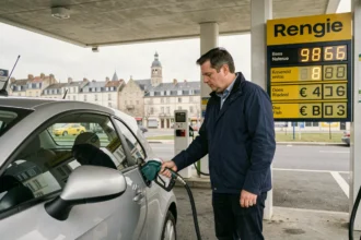 Homme faisant le plein d'essence dans une station-service low-cost à Clermont-Ferrand avec affichage des prix visible