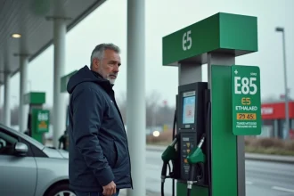 Homme faisant le plein d'éthanol E85 à une station-service moderne avec affichage du prix au litre sur la pompe