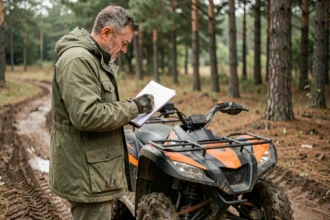 Homme debout à côté d'un quad 500cc tenant des documents d'assurance sur un chemin de terre en forêt