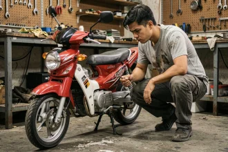 Jeune propriétaire de Yamaha TZR 50cc inspectant le moteur dans un garage, erreurs courantes d'entretien moto 50cc